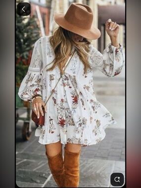 POL Dress White Floral BOHO Mini Long Balloon Sleeve Crochet Lace Trim Size M